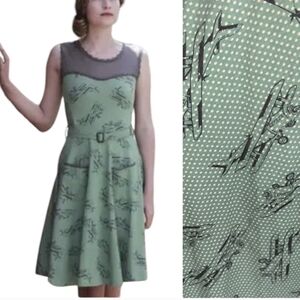 Effie's Heart Jackie Dress Green Airplane & Polka Dot Print Belted Knit Flare S